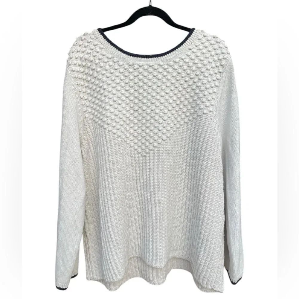 Talbots Sweater Pullover Long Sleeve Chunky Knit Zip Back White&Black trim 3X